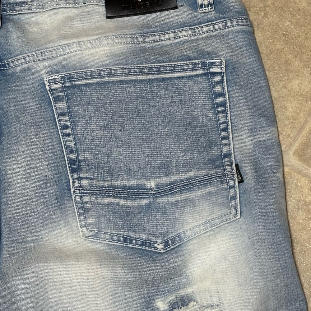 Men's Makobi Distressed Stretch Biker Blue Jeans - Picture 4 of 6